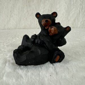 Carved Black Bear & Cub Figurine By Slifka Hand-Painted Resin Cabin woodland